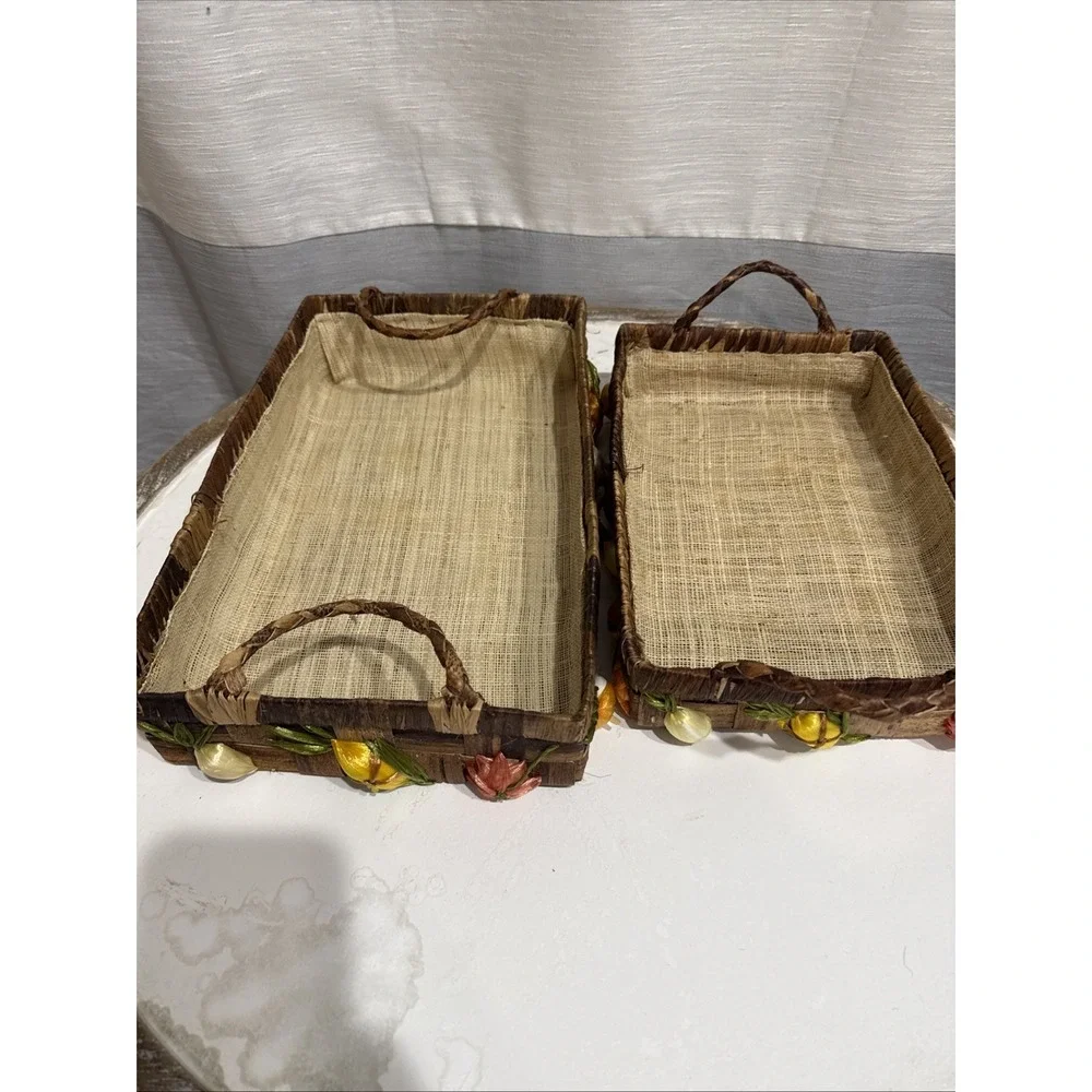 2 MCM Vintage Wicker Raffia Casserole Holders 13.5x8.5
